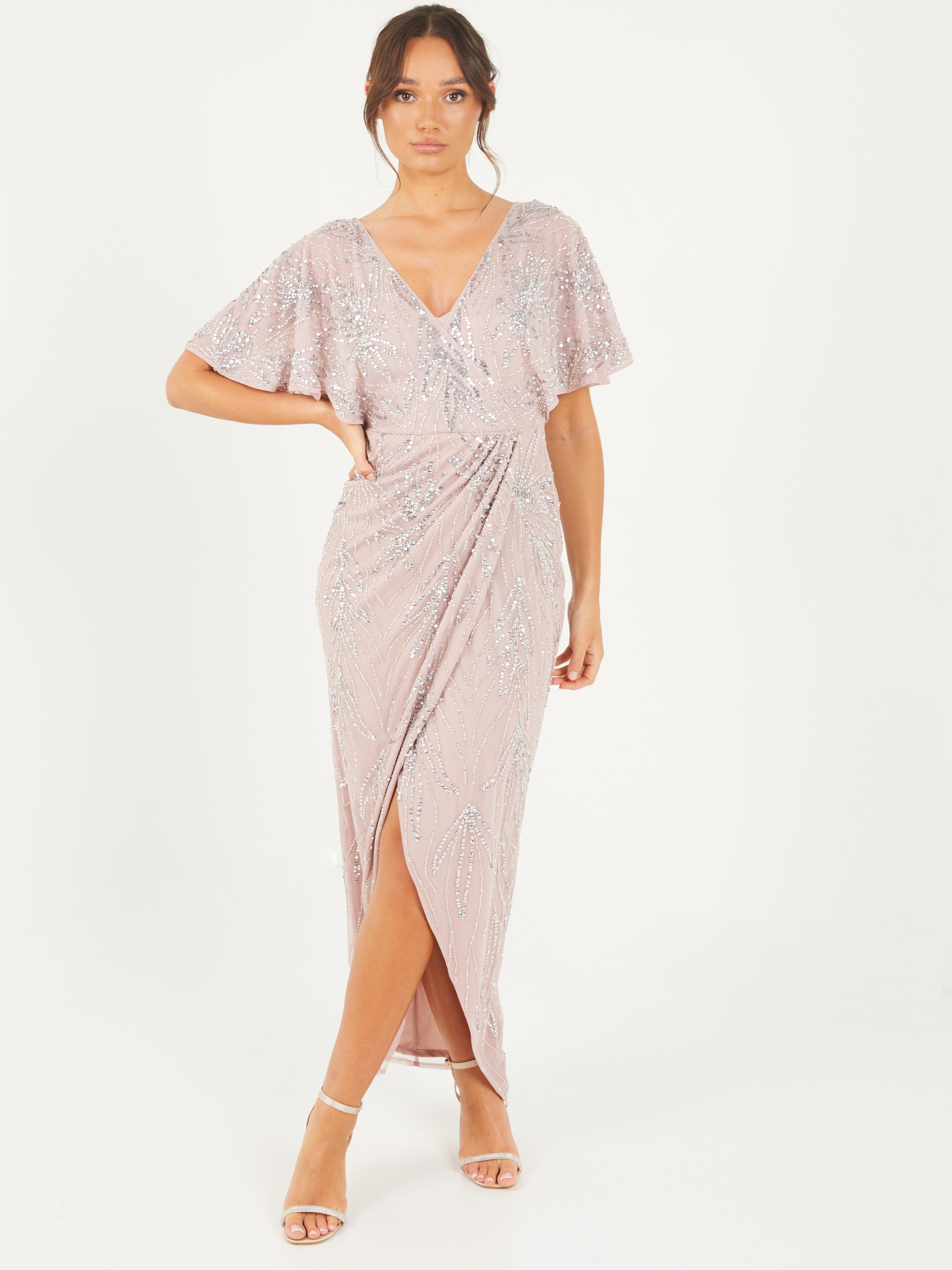 Pink Sequin Wrap Midi Dress - Quiz Clothing